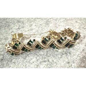 Vintage 50s Signed TRIFARI Crown white Green Rhinestones 7 " Bracelet